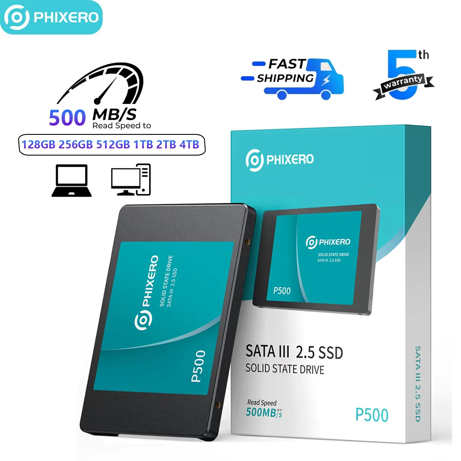 PHIXERO P500 SATA III SSD 2.5” Internal Solid State Drive 3D NAND 128GB 512GB 1TB 4TB SSD 500MB/S for Upgrade PC Laptop Desktops