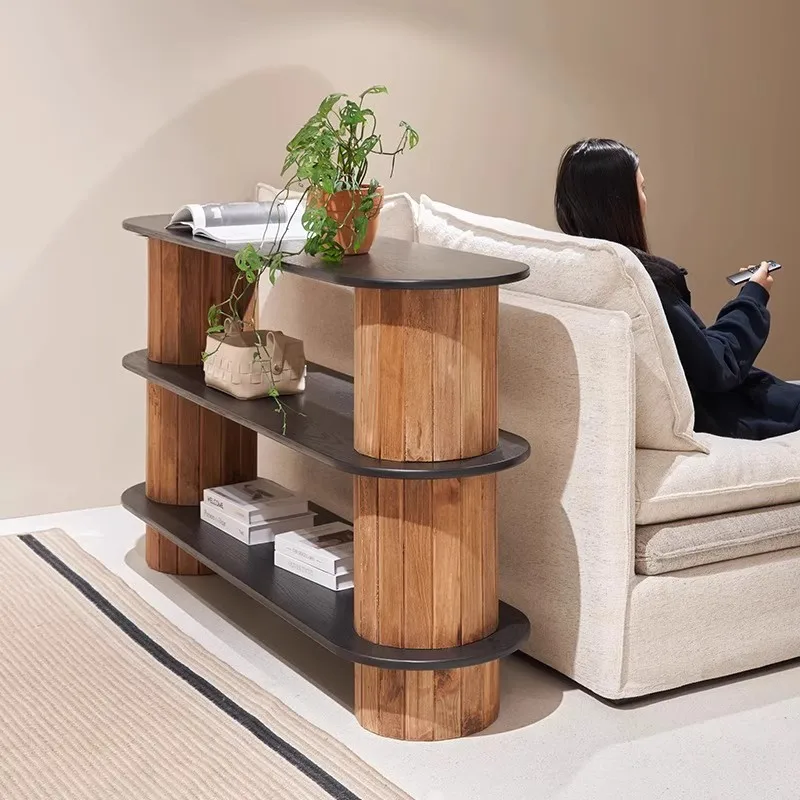 Wabi-sabi style color matching three-layer solid wood entrance cabinet storage rack log decorative table sofa side table