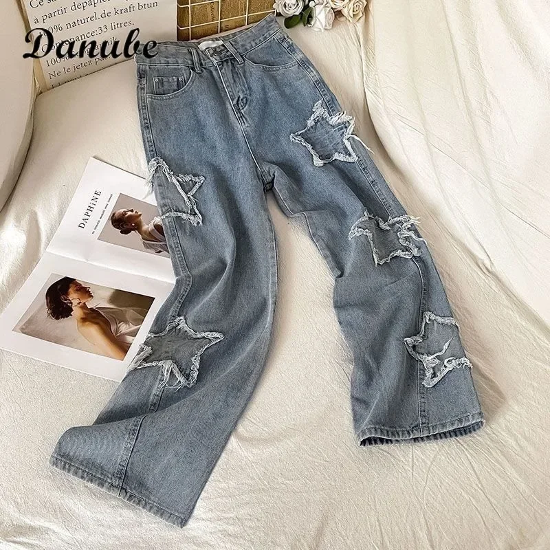 Streetwear Star Blue Jeans Women Vintage Korean Y2k High Waist Oversize Straight Trousers Female Casual Loose Grunge Denim Pants