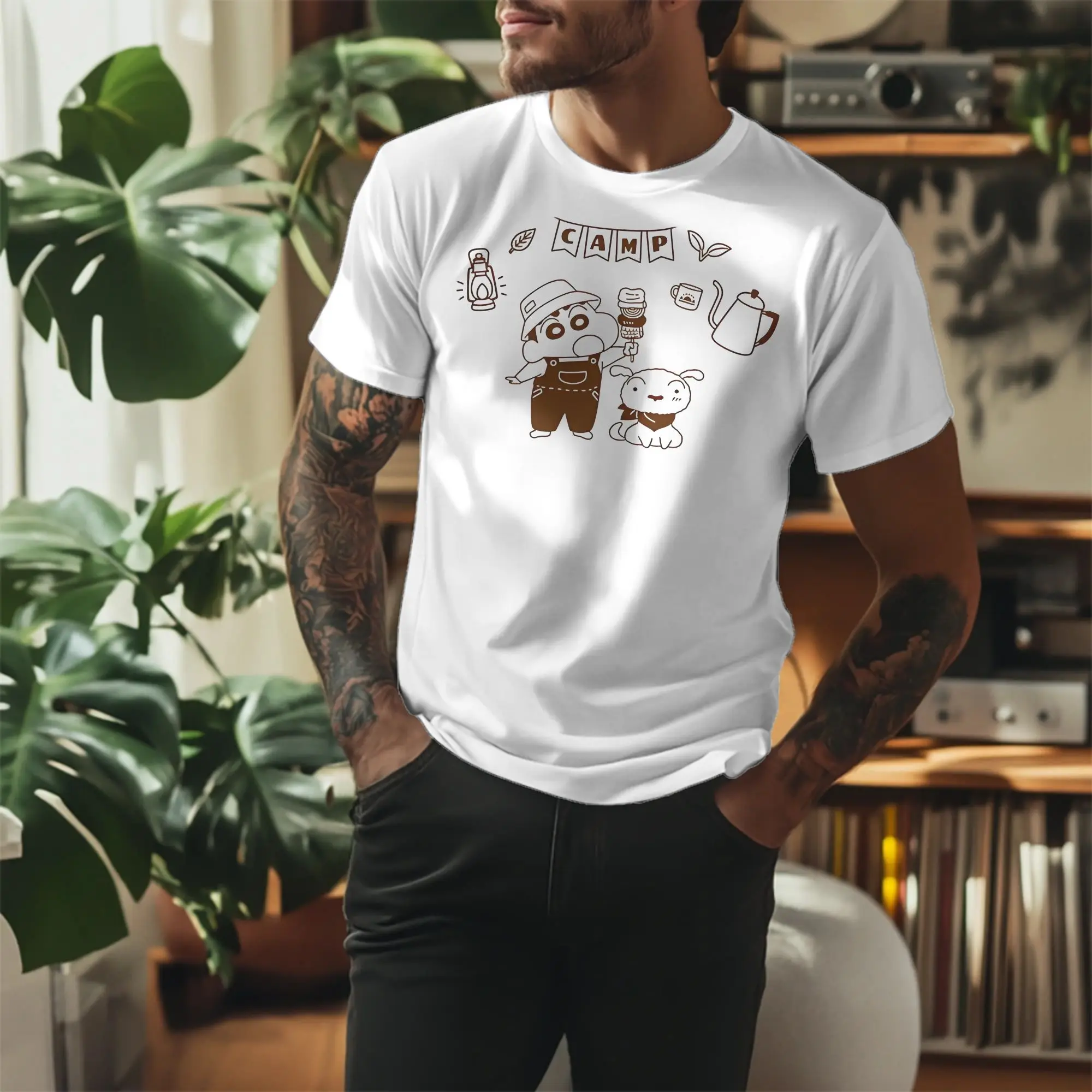 Crayons Shin-chans Nohara Family Camp Shiro  T-Shirt Men's Round Neck Tops Crayon Shin-chan Cotton Summer Tops Shirts