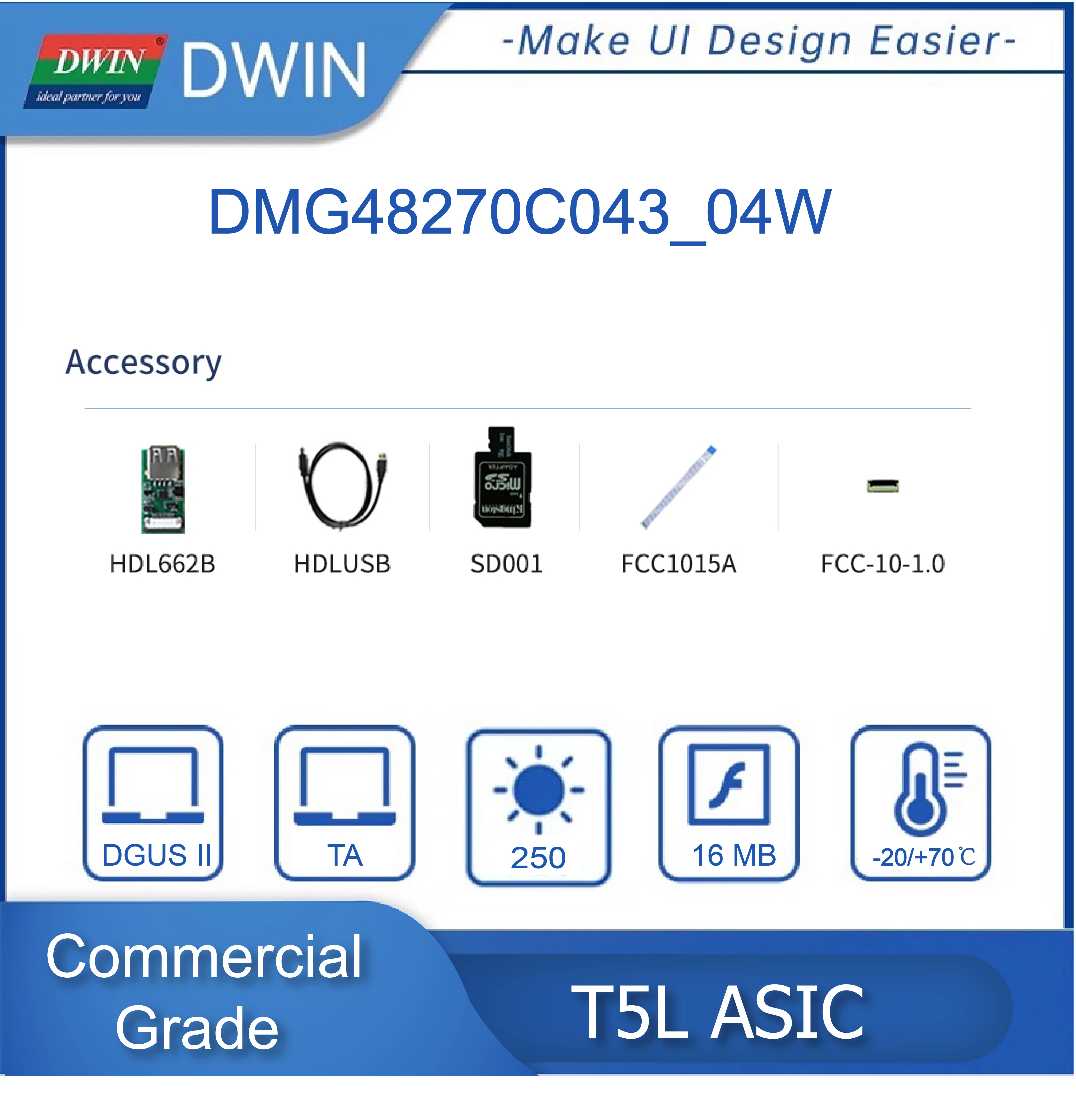Dwin 4.3 Inch Display Capacitieve Touchscreen, 480 * Rgb * 270, Hmi Module, Commerciële Grade, TV-TN-TFT-LCD - DMG48270C043_04WTC