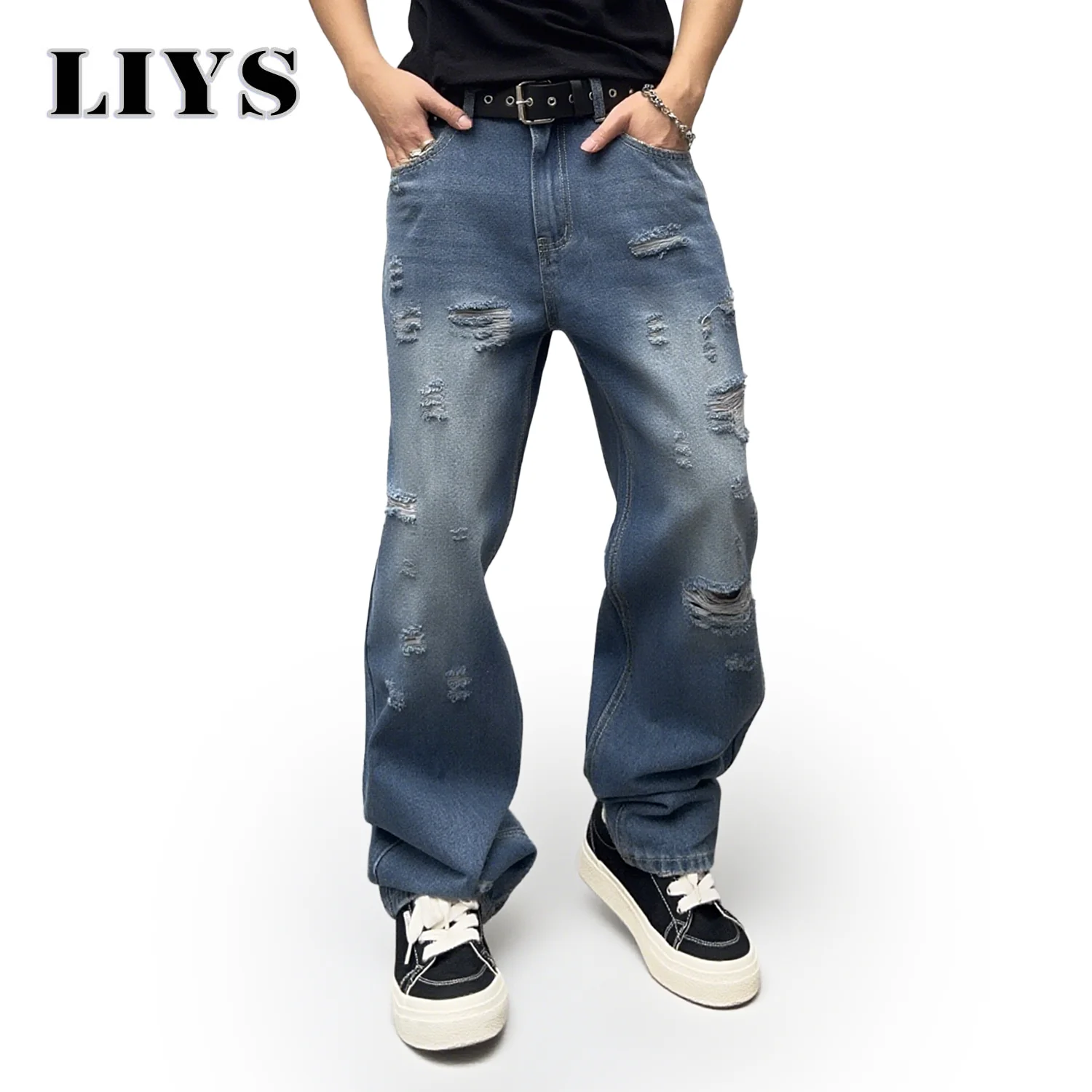 

2025 Summer Men's Straight-Leg Ripped Jeans Y2K Pants Autumn Solid Color Goth Pants Blue Jeans Street Fashion Ripped Denim Pants