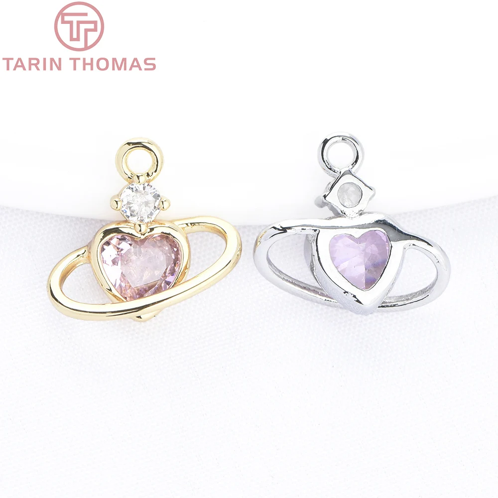 (9678) 4PCS 12x11.5MM 24K Gold Color with Zircon Planetary Ring Heart Shaped Pendants Hight Quality DIY Jewelry Making Findings