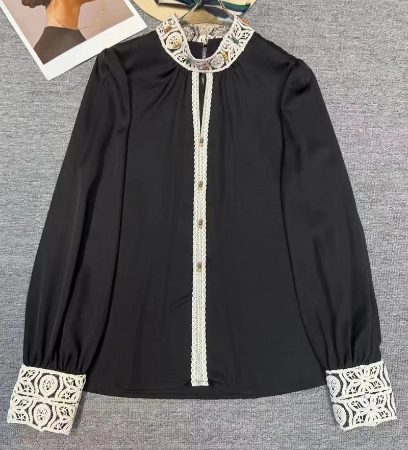 Top Quality New Silk Blouses Women Stand Neck Crochet Lace Embroidery Patchwork Long Sleeve Elegant Apricot Black Tops Female