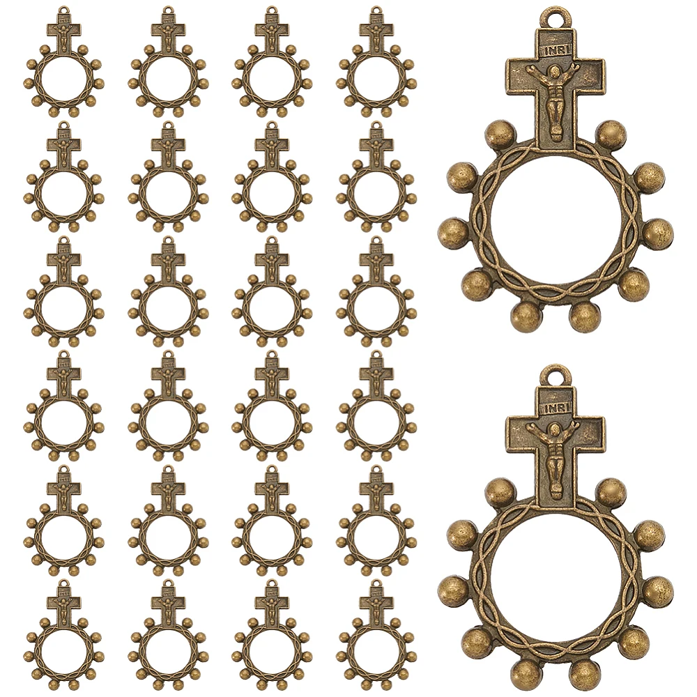 26pcs Cross Finger Rosarys Ring Vintage Crucifix Pendant With Ring Finding 2mm Hole Alloy DIY Religious Jewelry Components