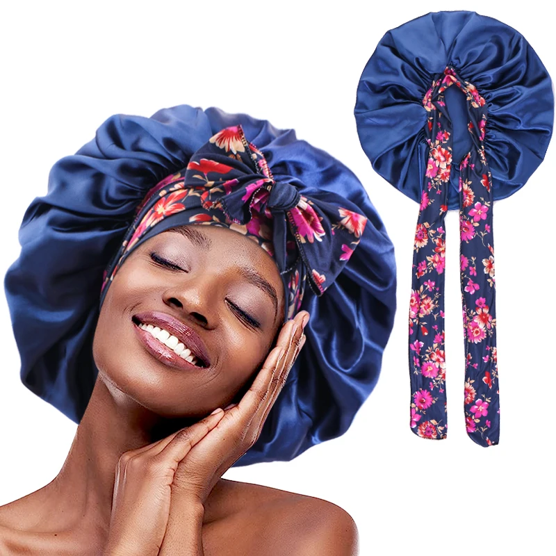 New Women Extra Large African Print Silky Bonnets with tie Band  Elastic Band Night Sleep Cap Adjustable Wide Band Head Wrap Hat