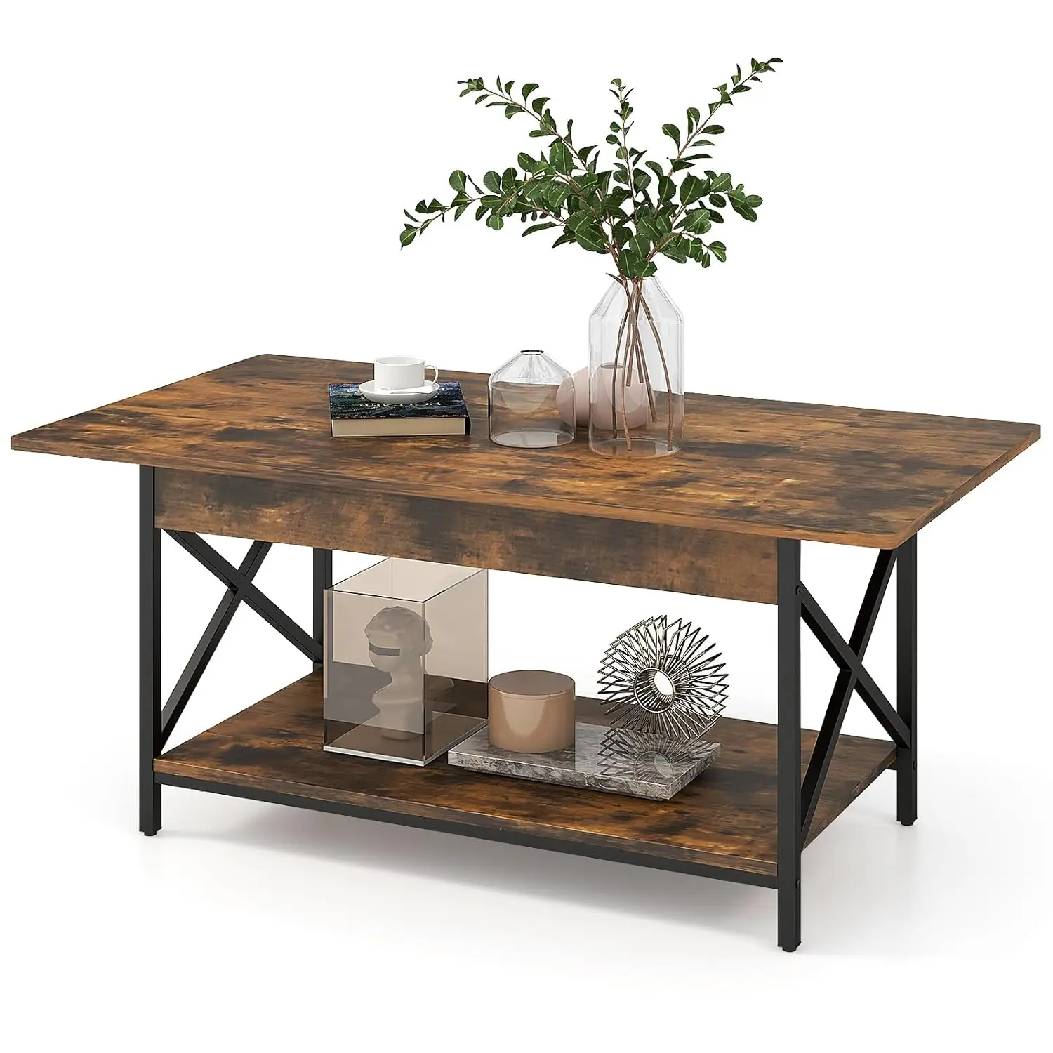 

2-Tier Coffee Table with Storage Shelf, Modern Accent Cocktail Tea Table with Reinforced X-Shaped Structure, Solid Metal Legs