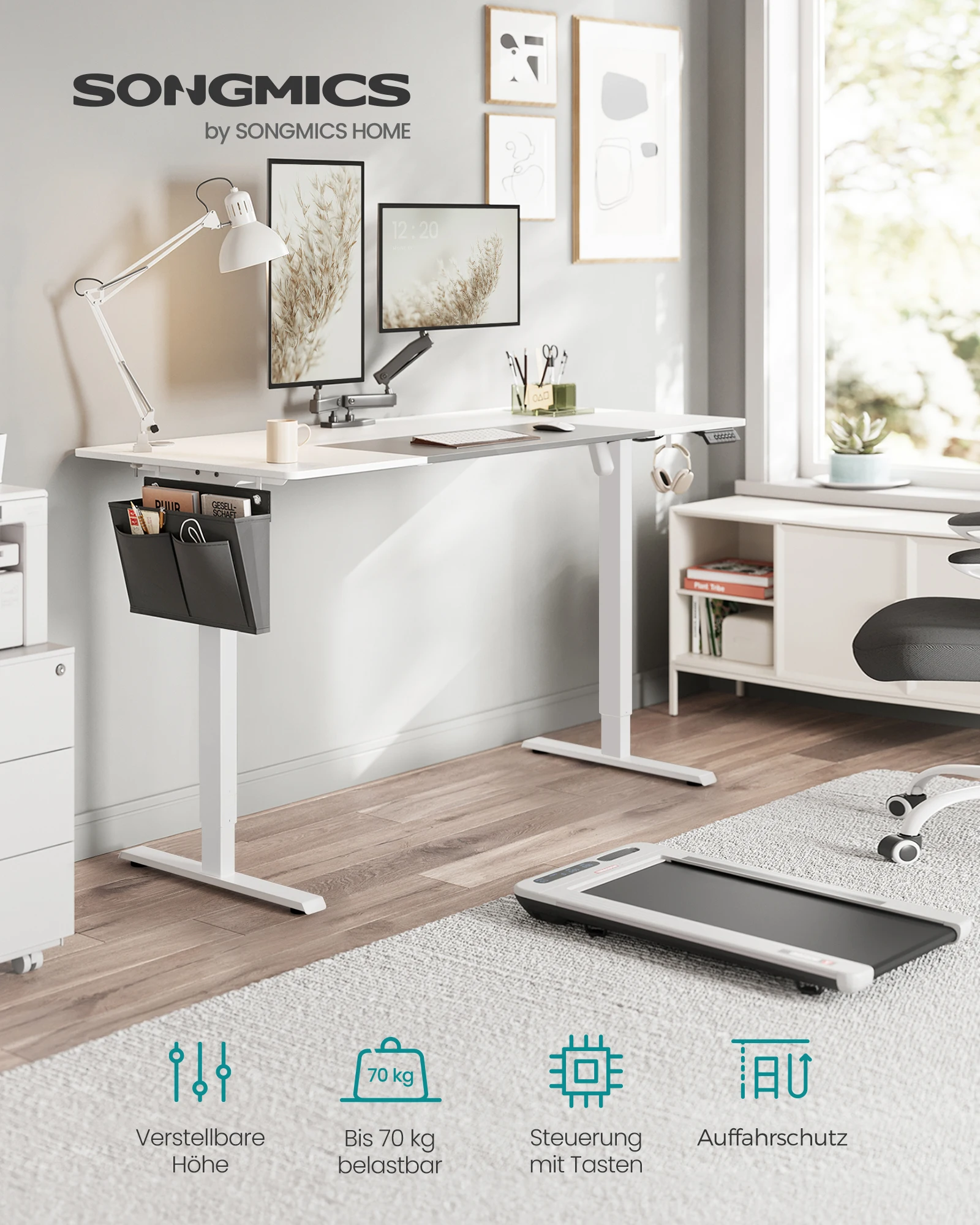 SONGMICS In hoogte verstelbaar bureau elektrisch, 70x160 x (72-120) cm, continu verstelbaar, gesplitste plaat