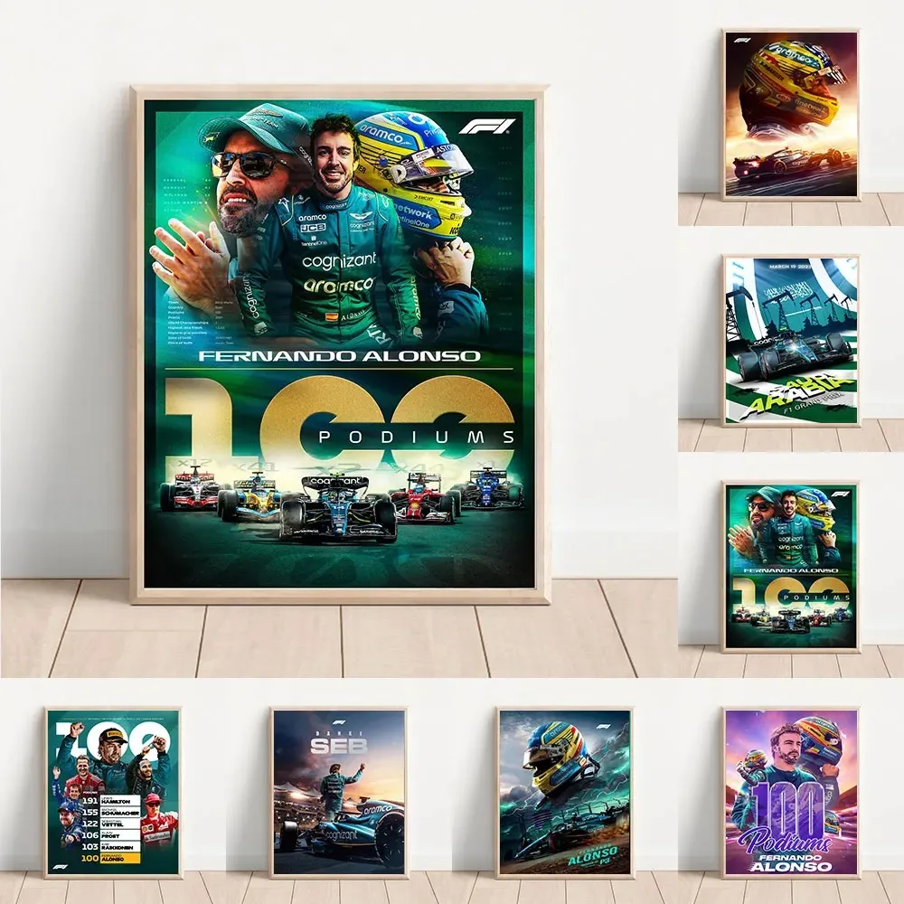 Fernando Alonso 100 Podiums F1 Poster Racing Figure Print Canvas Painting Ideal Home Decor Wall Art Picture for Living Room