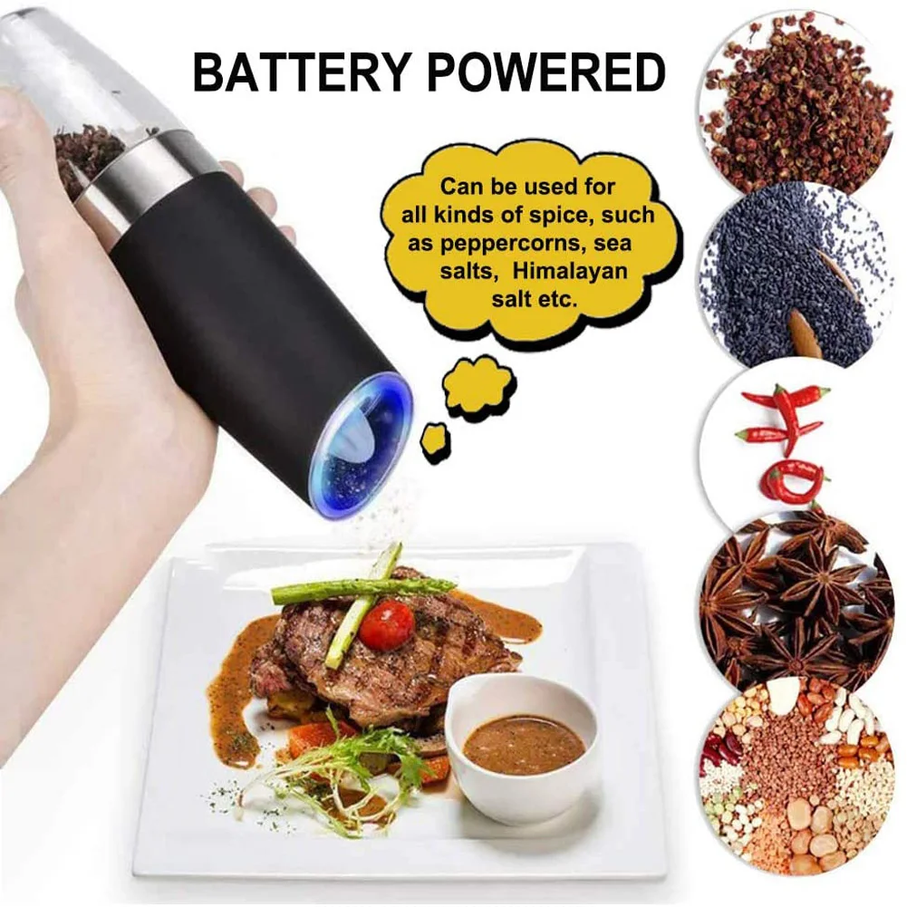 Lectric Automatic Salt and Pepper Grinder Gravity Spice Mill Adjustable Spices Grinder with LED Light Kitchen Tools Gadgets