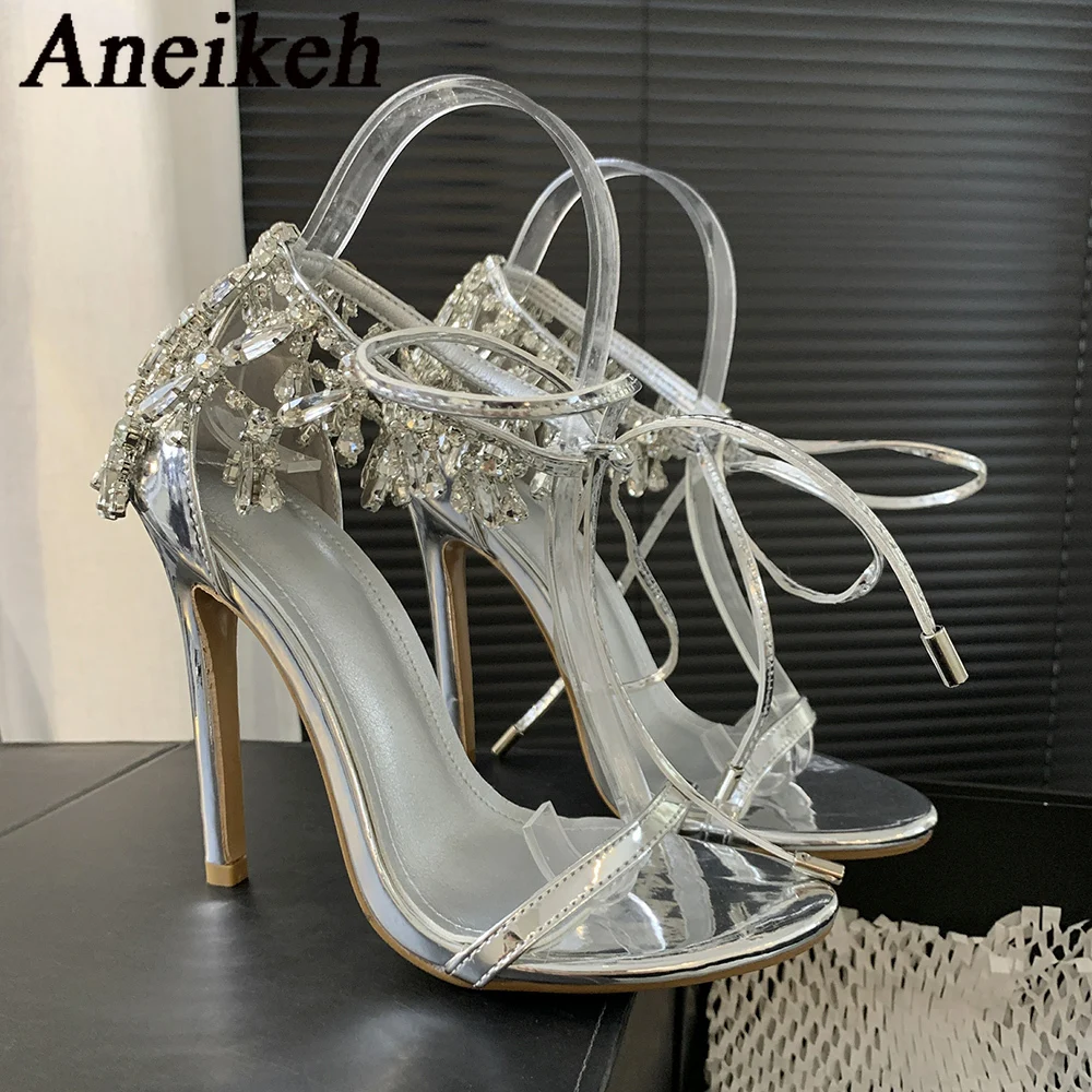 Aneikeh Rhinestone Tassel Bling Silver Sandals Open Toe Lace Up Stiletto Heels Sandals Ankle Straps Summer Party Women Shoes