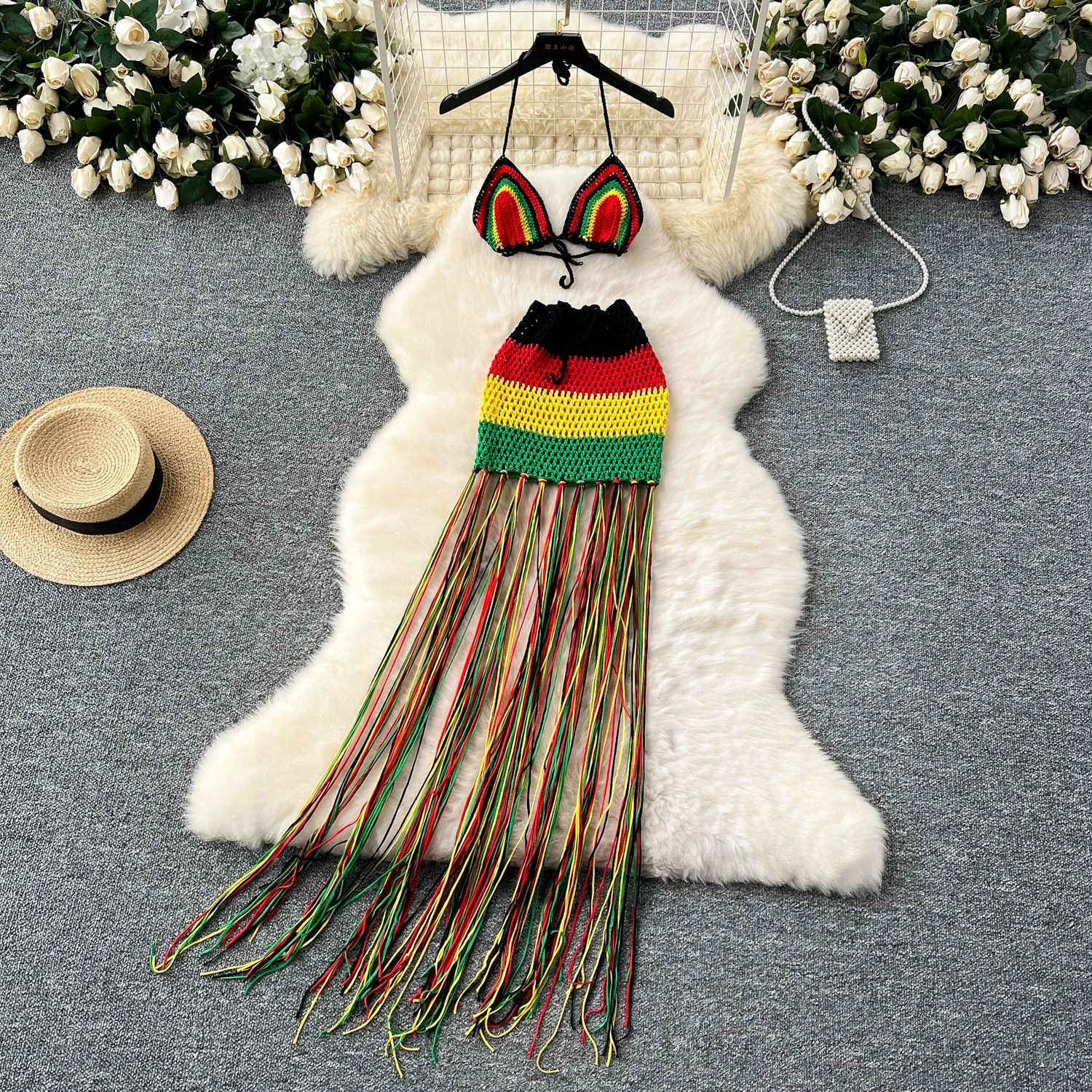 

Tassel Knitted Beach Sets Women Mini Camis+Long Sheath Skirt Set Fashion Ladies Hollow Out Vacation Styles Sexy Suits