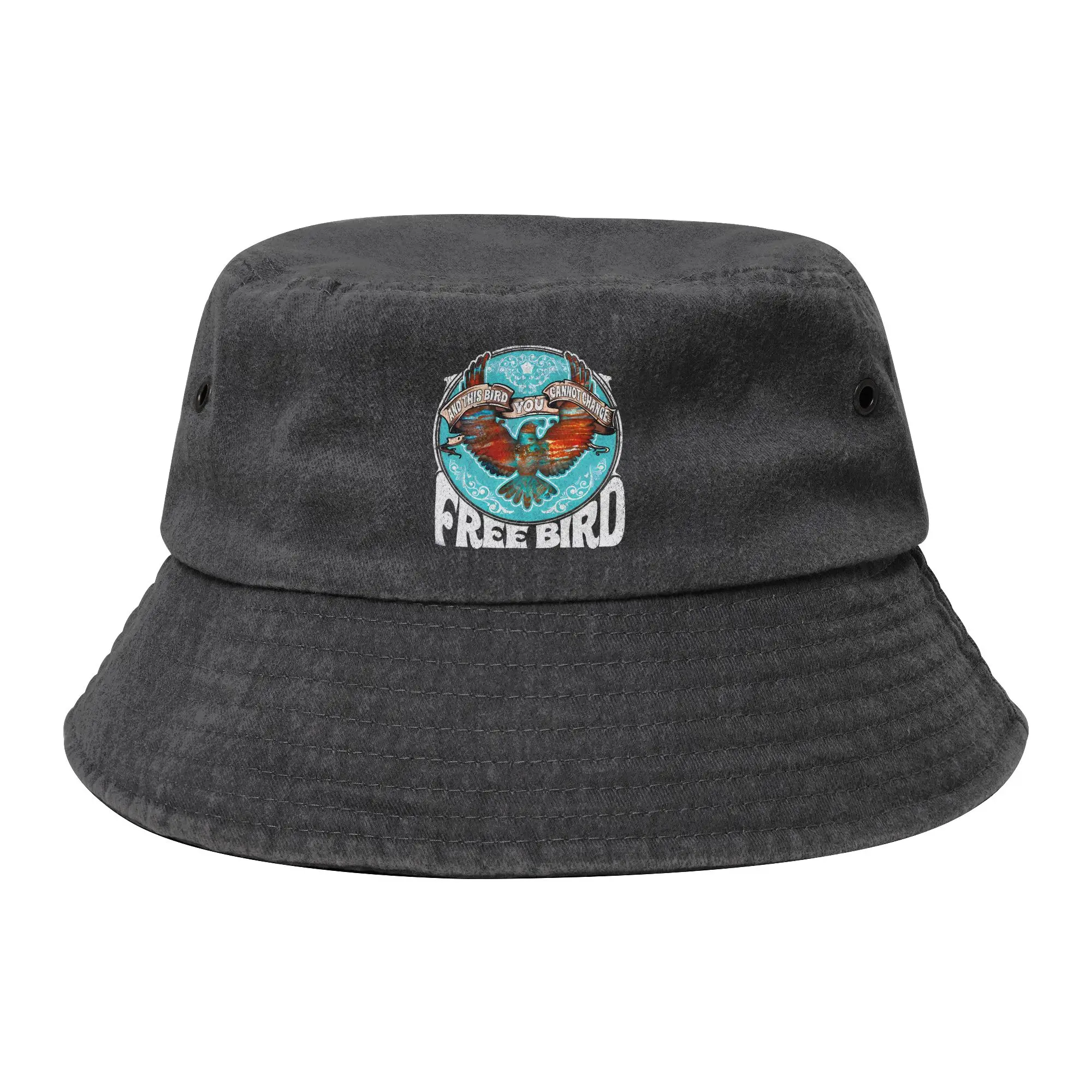 Unisex Distressed Denim Washed Bucket Hat Free Bird Rock & Roll Sport Fishing Hat LLynyrds Skynyrds Cool Bob Hat Gift