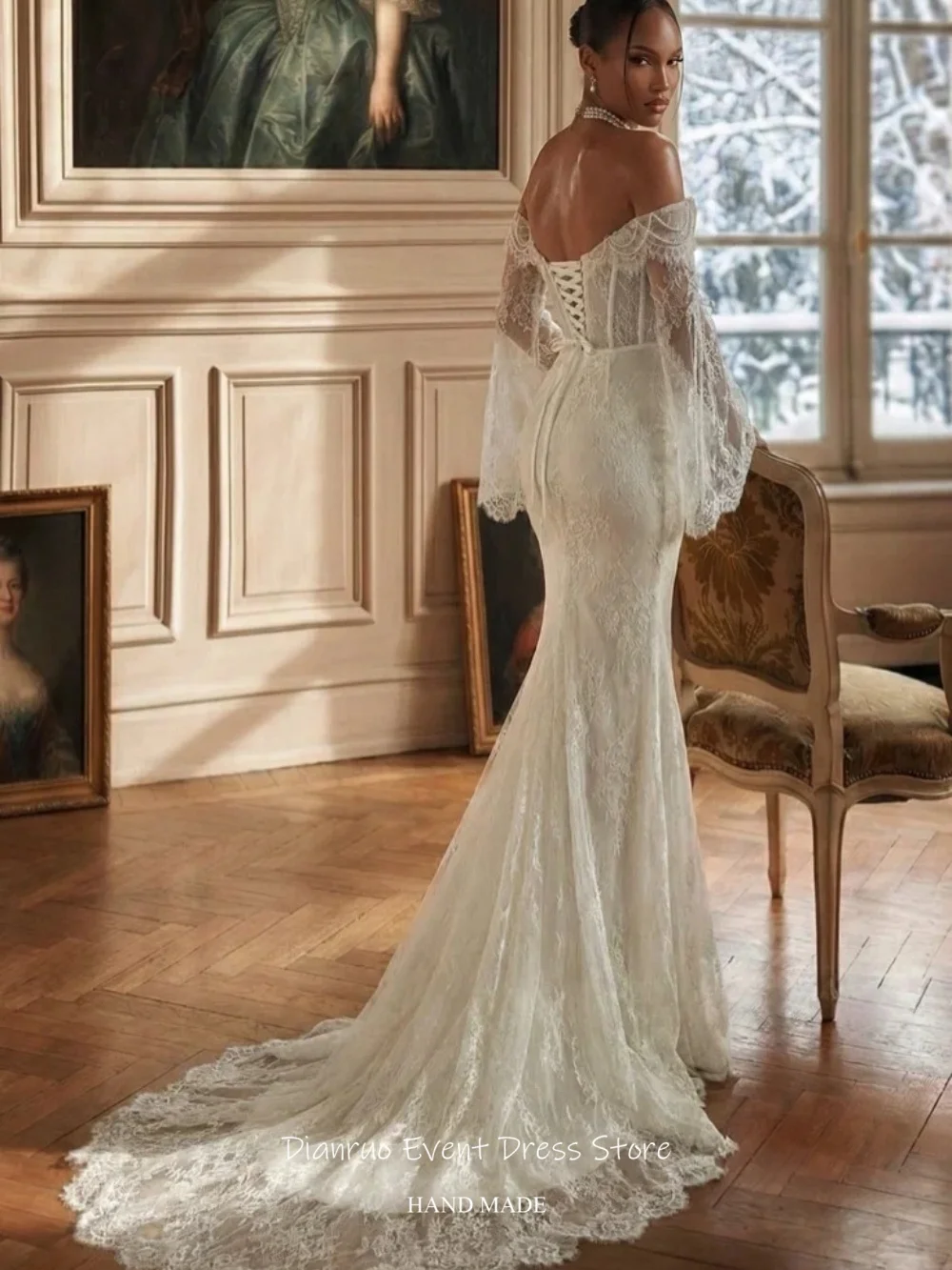Dianruo Lace Multi Layer Pear Wedding Dress Appliques Women's Evening Dress Mermaid Bell Long Sleeves Robe De Mariée Customized