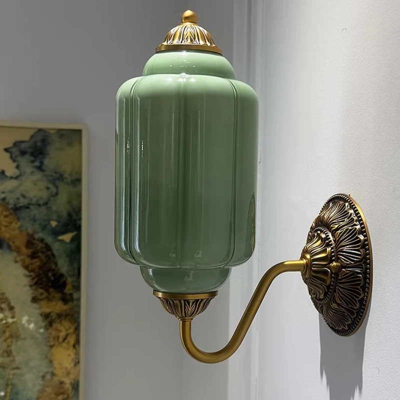Retro Glass Wall Lamp living Room Entrance Bedroom Bedside Led Green Glass Vintage Brass Wall Sconce Hallway Wall Lights