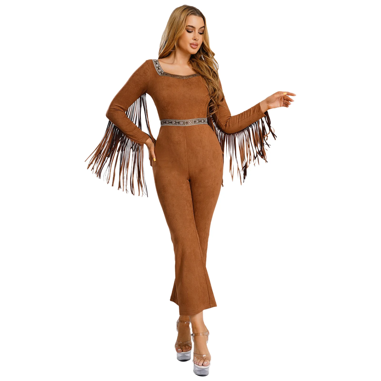 

Womens Authentic Tribal Cosplay Jumpsuit with Vintage Brocade And Fringe Details Complete Primitive Man Bodysuit Cosplay Costume