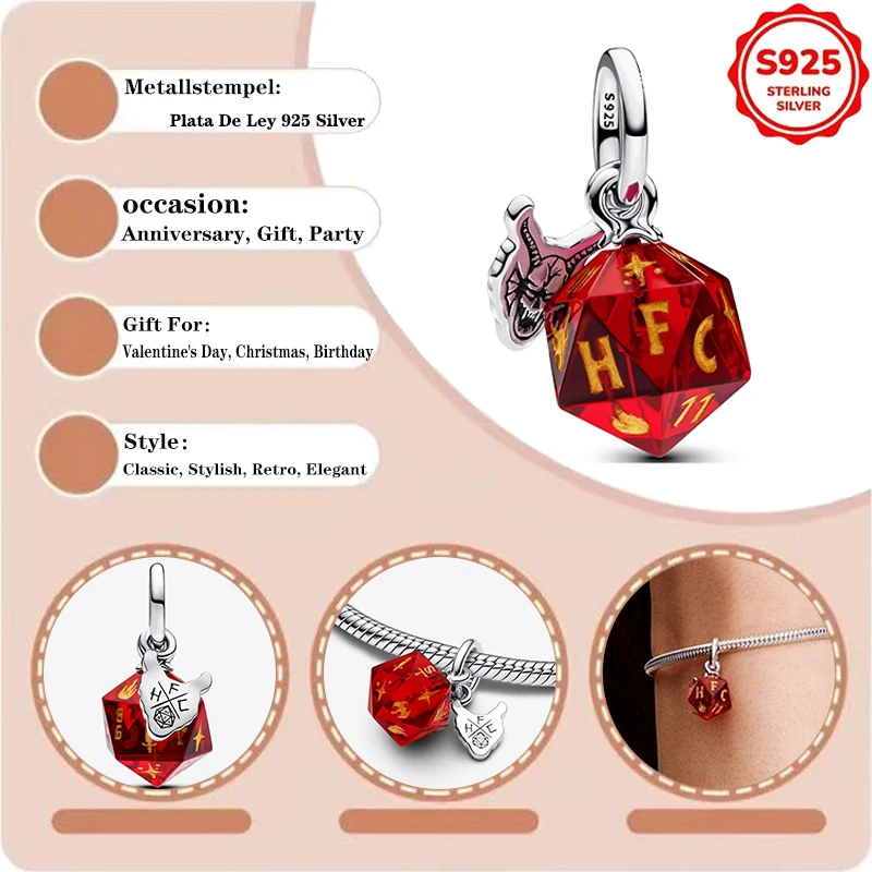 

TOP Charm Plata De Ley 925 Silver Red of Letters Dice Dangle Pendant Beads Original Women Bracelets Bangles DIY Jewelry Fine Gif
