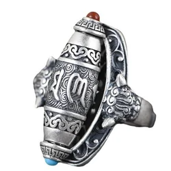 Blessing Buddhist Six Character Great Ming Mantra Ring Adjustable Men Index Finger Accessories Retro Hollow Lines Bead Rotatable