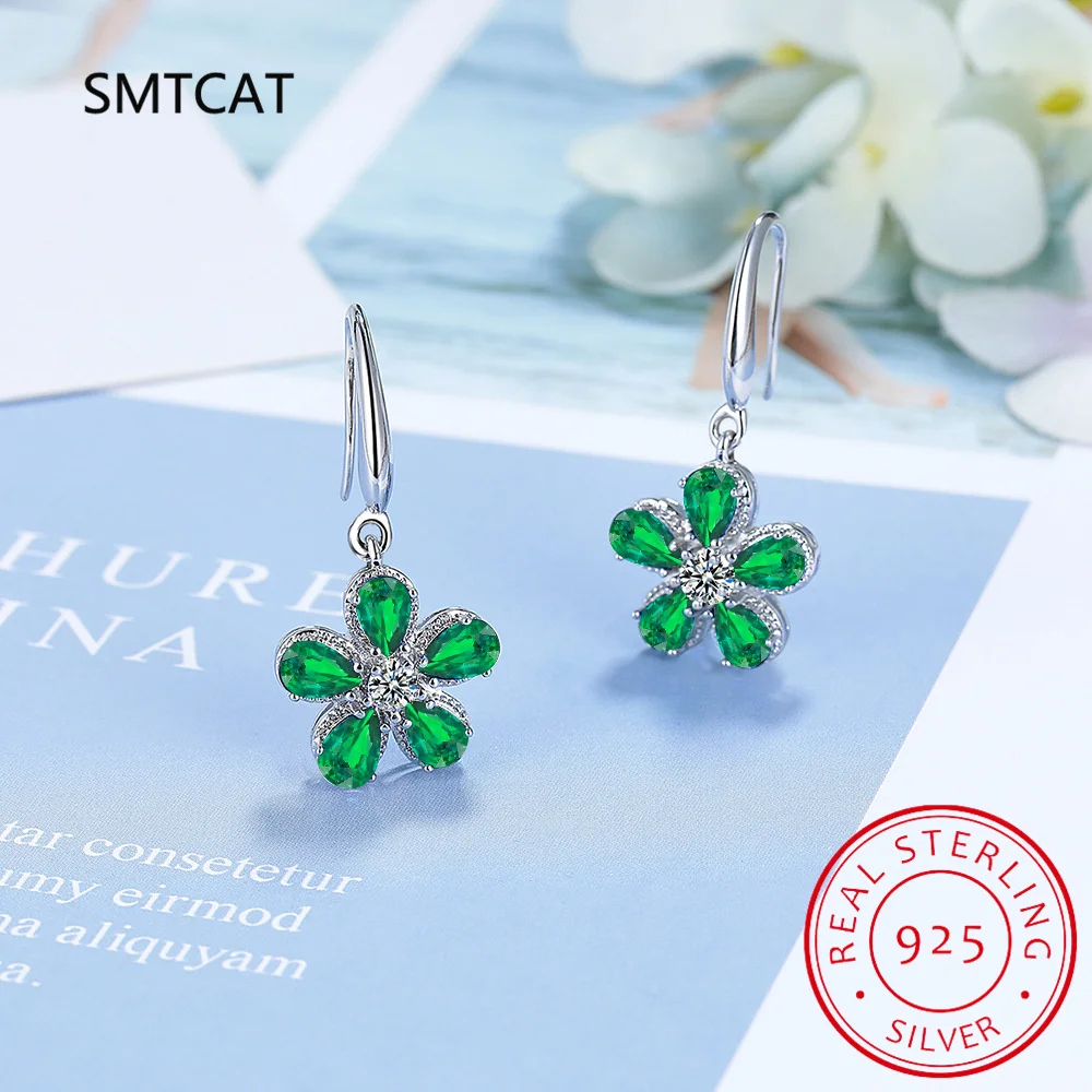 Flower 2.4ct Green Simulated Nano Emerald 925 Sterling Silver Dangle Drop Earrings for Women Gemstone Jewelry Boucle d'oreille