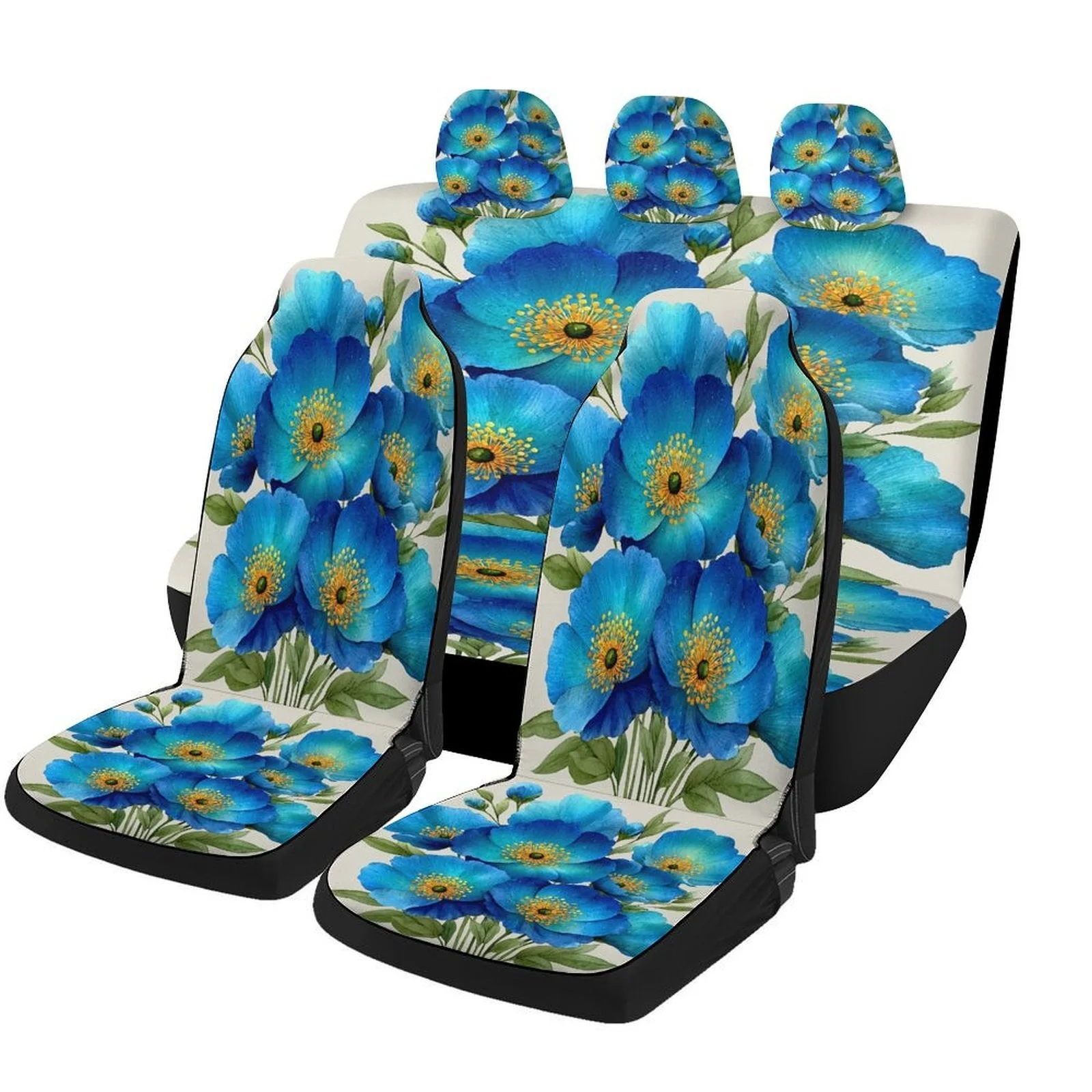 Blue Flowers Bouquet Designed Car Seat Covers Set For Most Cars, Trendy Novelty Decorative Car Seat Protector Covers Full Set, U