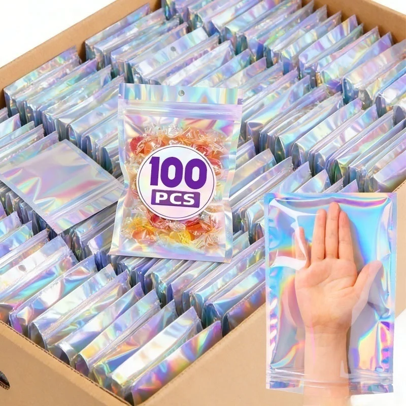 Wiederverschließbare Holographische Süßigkeitentüten Schmuck-Frischhaltetüten Party-Gastgeschenke Kleine Plastik-Geschenktüten für Kleinunternehmen