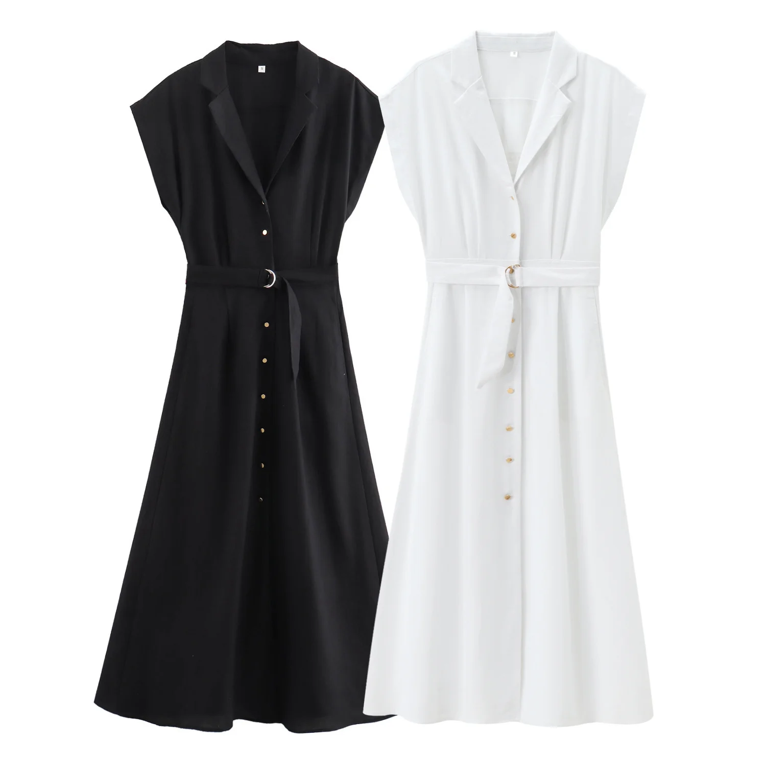 

Women's new chic fashion With belt casual single breasted linen blend shirt style MIDI dress retro sleeveless women's dress