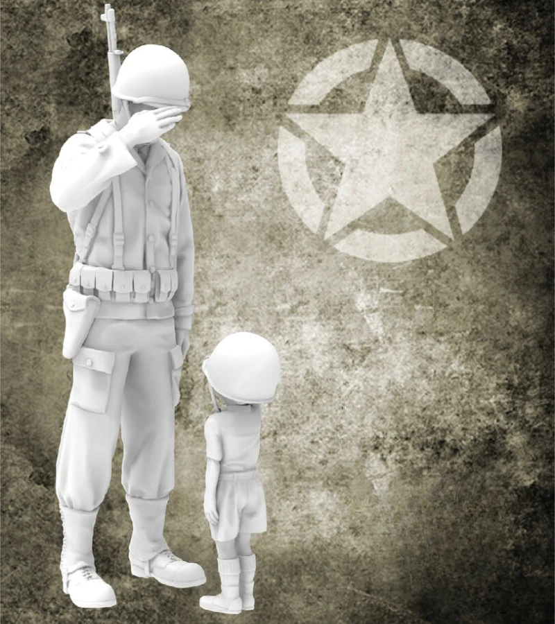 

1/35 Scale Die-Cast Resin Figure Model Kit WWII US Soldier and Children Saluting 2 Figures Unassembled and Unpainted