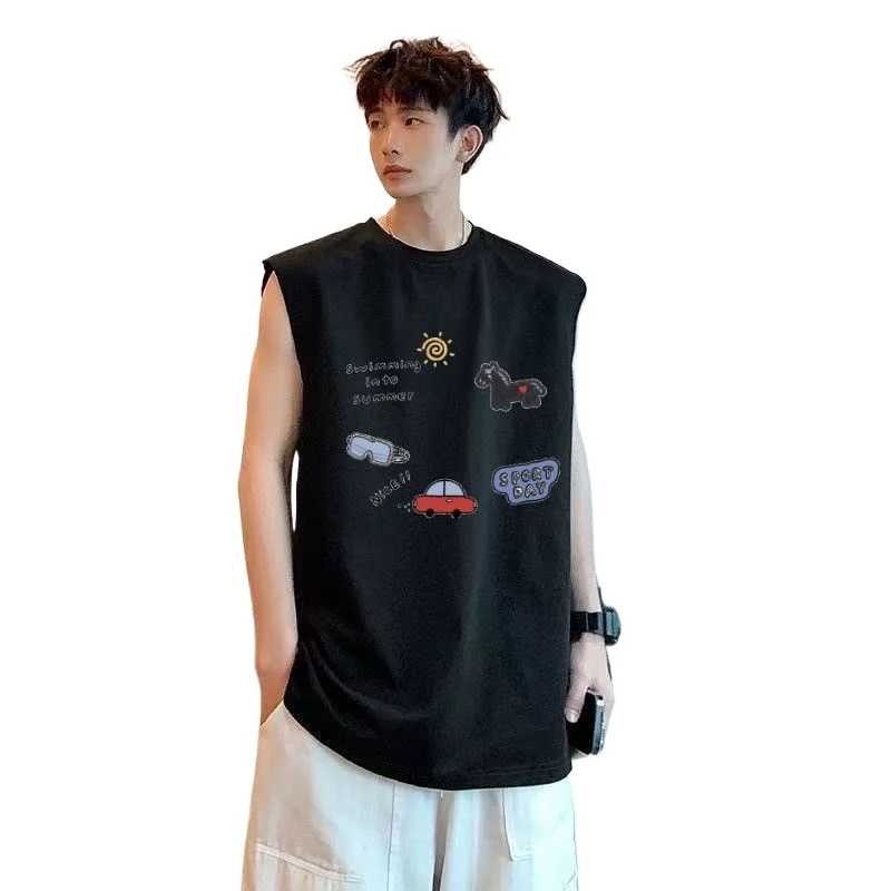 Summer Sleeveless Men's Loose T-shirt Trendy and Versatile Casual and Simple Round-neck Pure Cotton Men's T-shirt Rustic Style