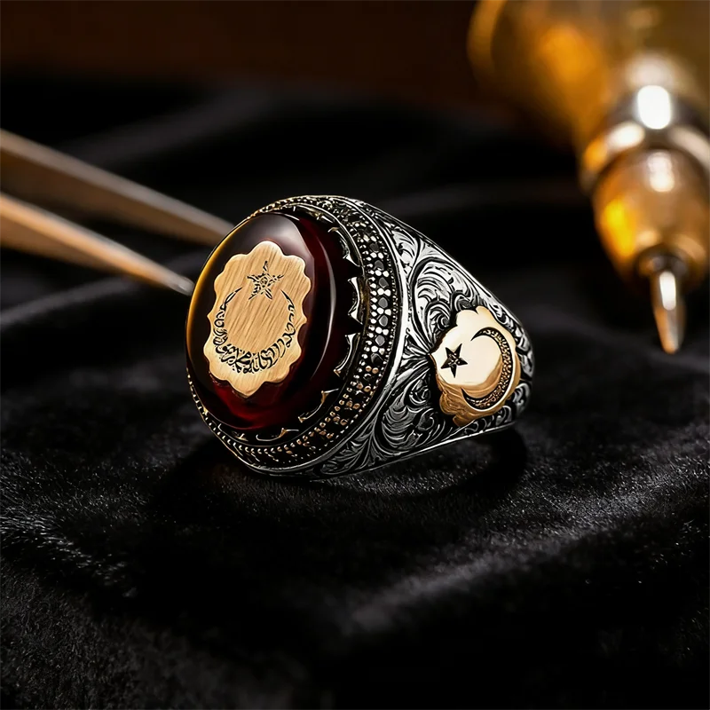 Retro Handgemaakte Turkse Ring Voor Mannen Vintage Zilveren Kleur Rood Zirkoon Ringen Punk Trendy Islamitische Religieuze Moslim Sieraden
