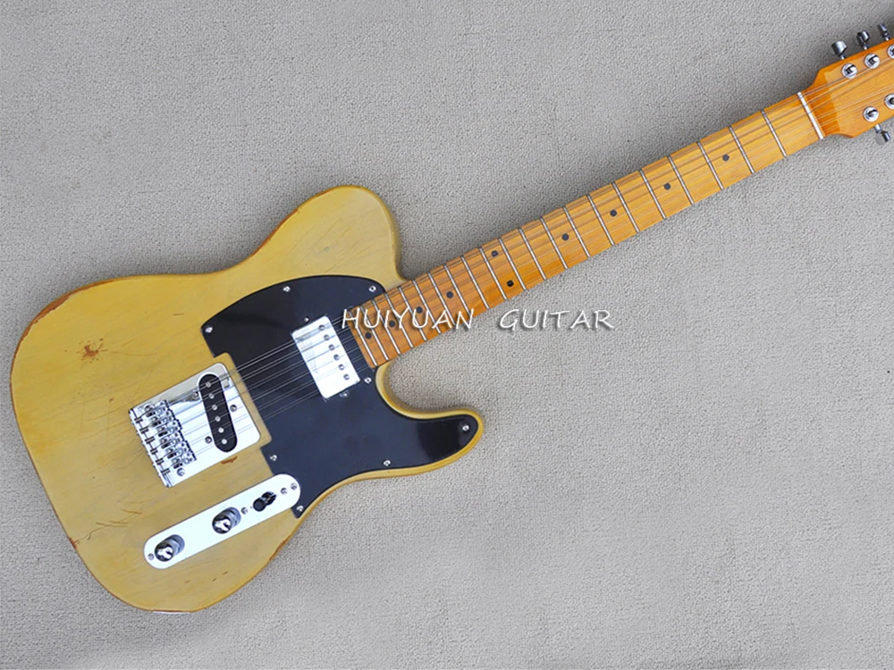 12 Strings Light Yellow Relic Electric Guitar with Maple Fretboard,Black Pickguard,Can be Customized