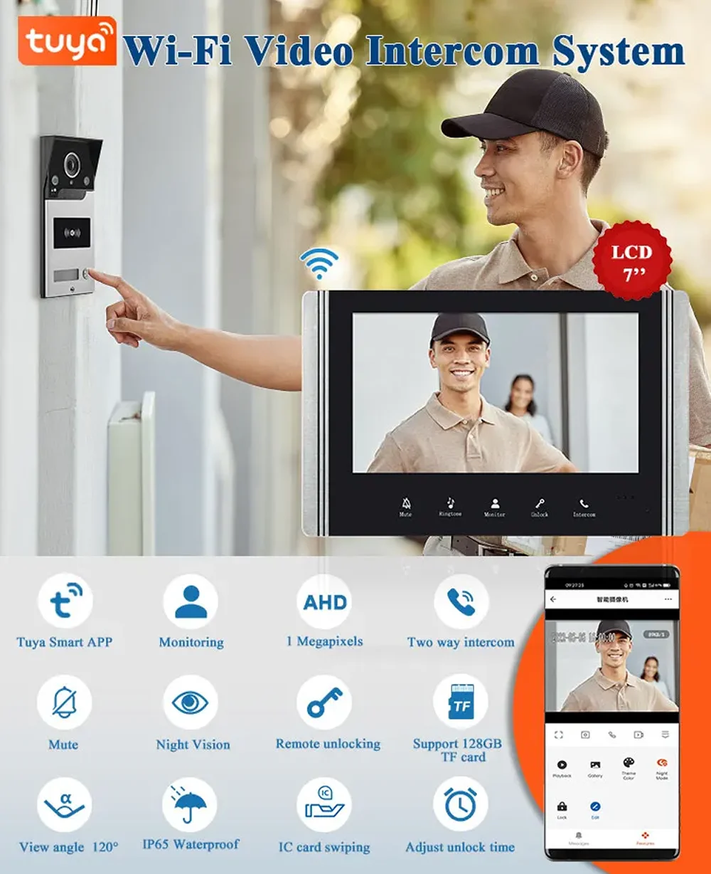 Tuya Wireless Wifi 7 Inch Video Intercom Doorbell System With Mobile Remote Unlock Control HD Doorbell Camera phone