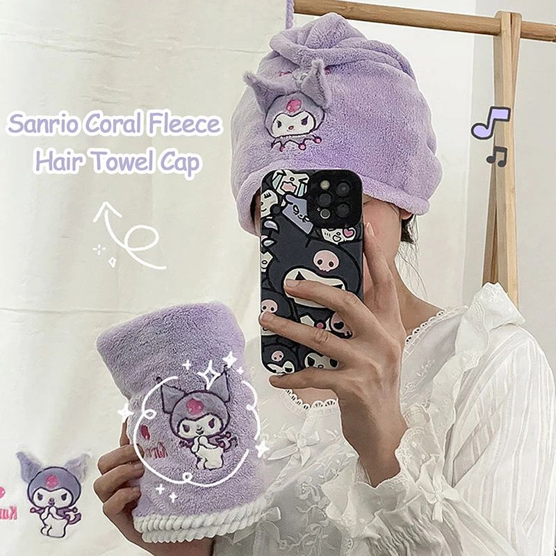 Sanrio Cinnamoroll Hair Drying Hat Kuromi My Melody Coral Fleece Hair Towel Cap Women Bath Hat Absorption Turban