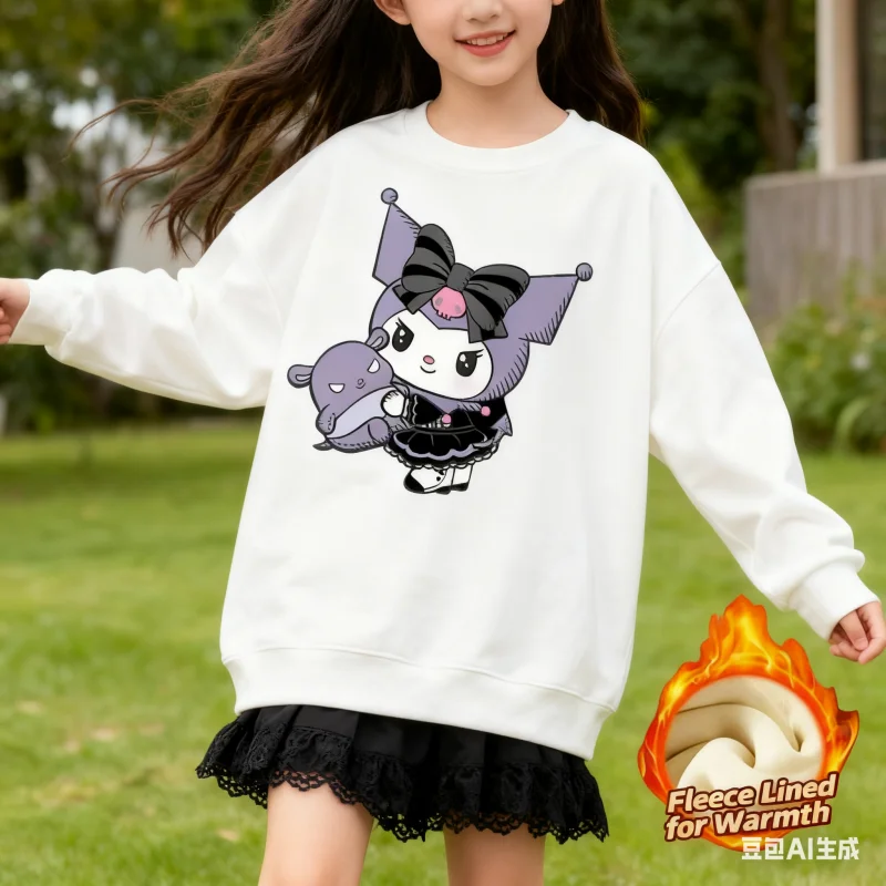 

2025 Sanrio Series Printed Crew Neck Long-Sleeve Top, Cute and Warm Fleece-Lined Crew Neck Long-Sleeve T-Shirt, 100% Cotton