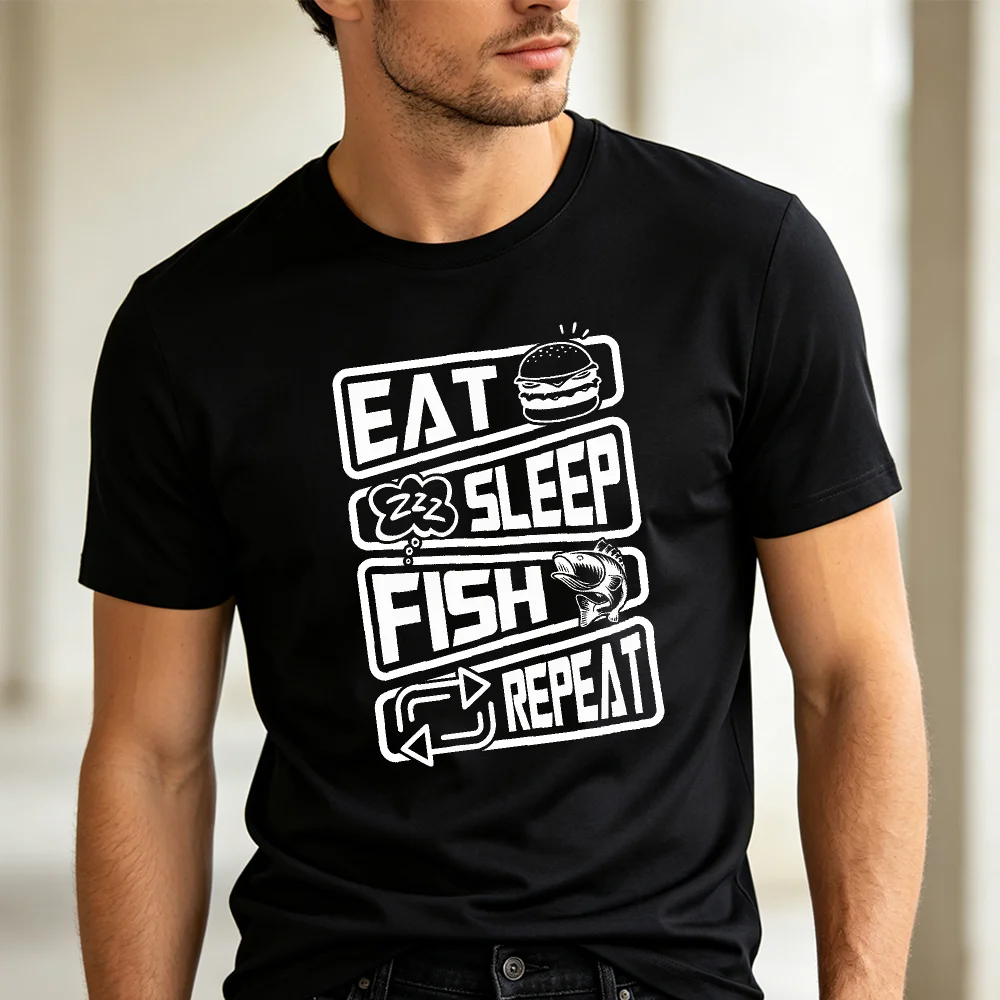 EAT SLEEP FISH REPEAT Graphic Print Unisex Short Sleeve Tee Burger Fish Pattern Funny Fisherman Design Casual Daily Male Top