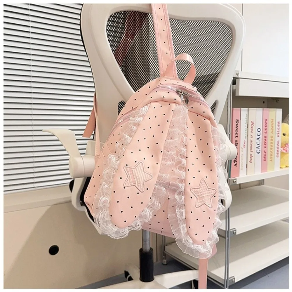 Fashion Polka Dot Bunny Ear Lace Backpack Large Capacity Lightweight Lace Ruffle Backpack Fashion Daypack Daily Outfits