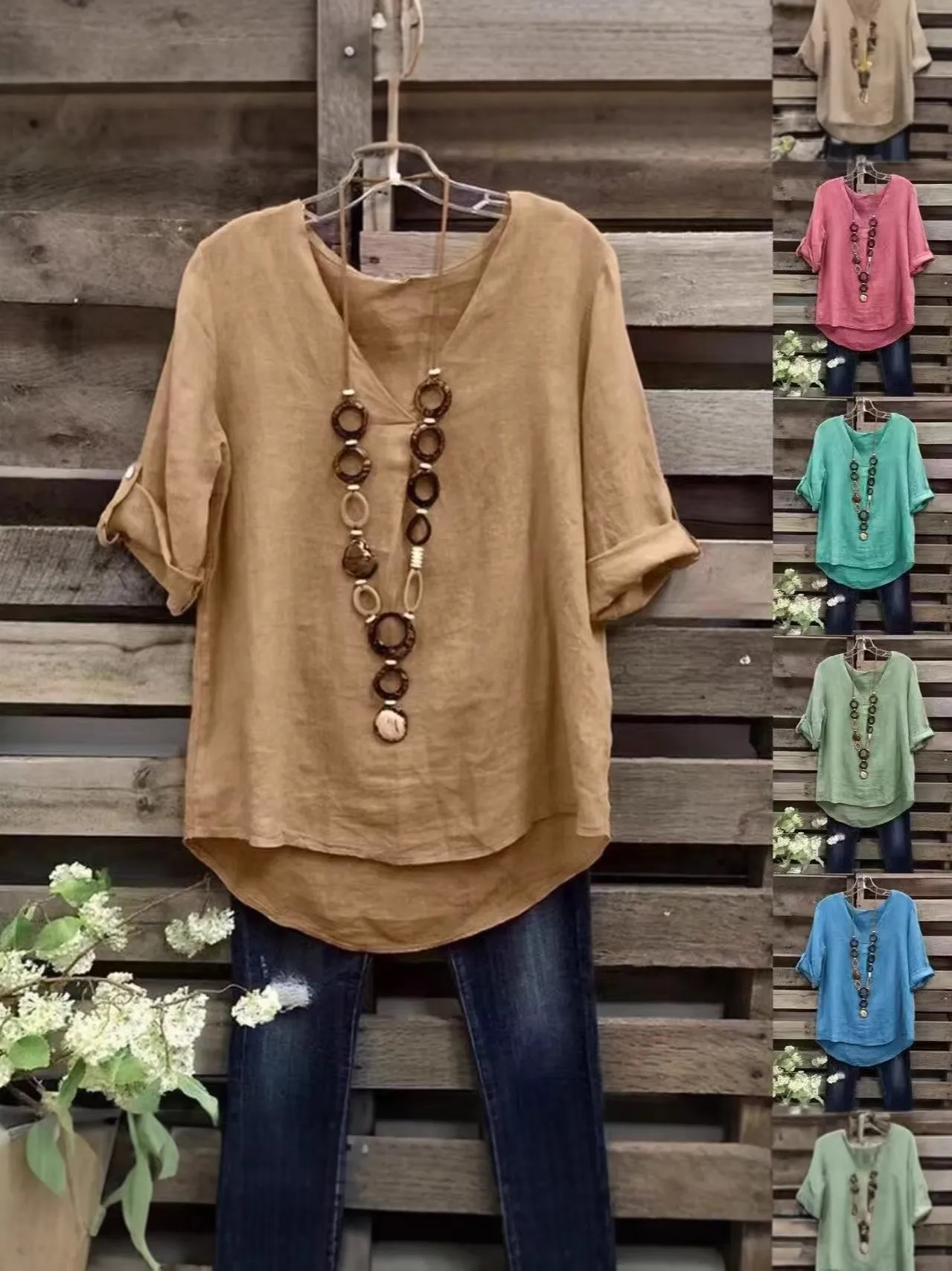 

Летняя и весенняя женская одежда: повседневный свободный топ из хлопковой смеси с рукавом до локтя, однотонный, с V-образным вырезом, стандартный крой