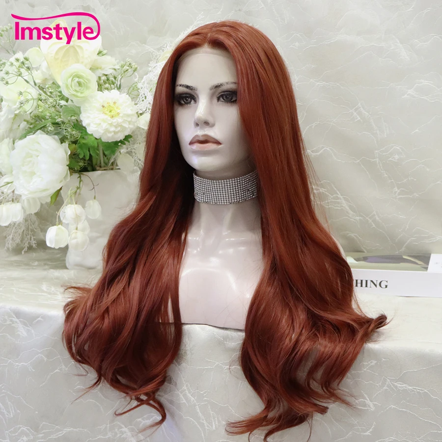 Imstyle Synthetic Lace Front Wig Ginger Lace Wigs For Women Cosplay Red Copper Long Natural Wavy Wig Heat Resistsant Fiber