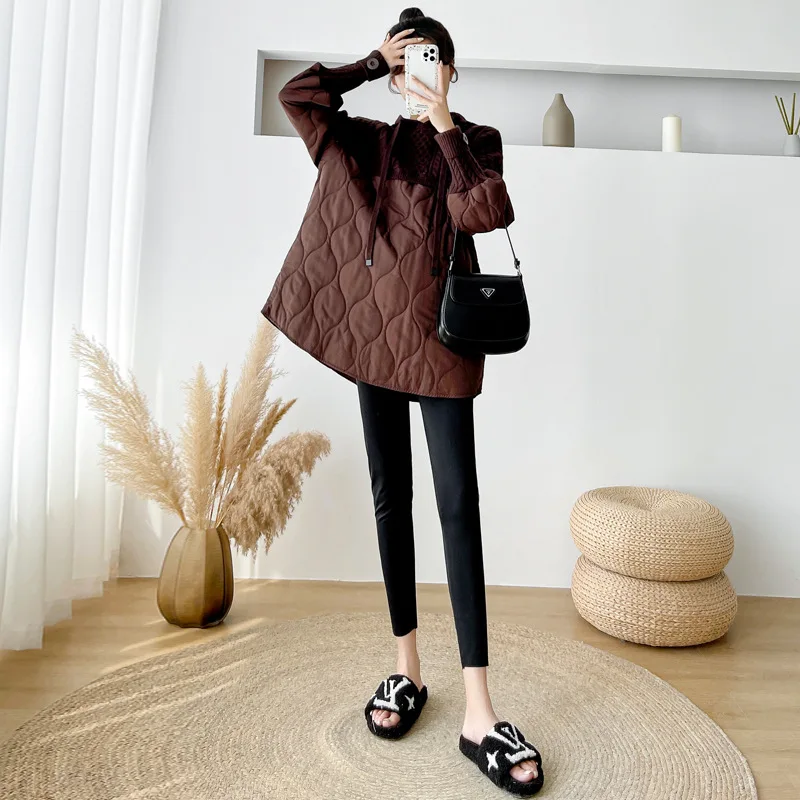 Autumn and Winter Clothes New Pregnant Women\'s Clothes Slim Mid Long Cotton Sweater Hooded Patchwork Coat Small Cotton Jacket