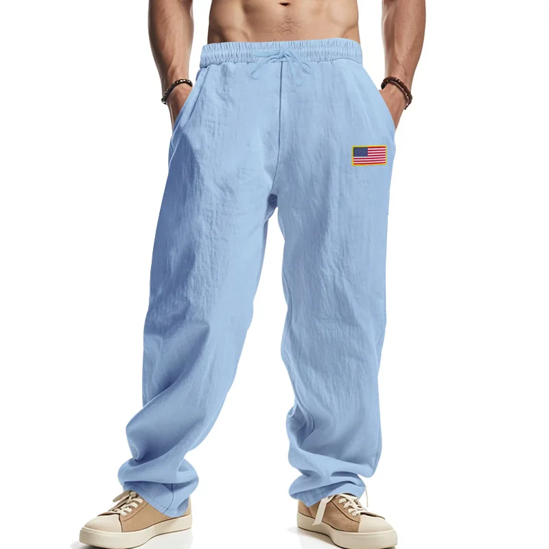 

Four Seasons New Linen Men's Casual Pants American Hip Hop Independent Flag Label Wide Leg Pants Men