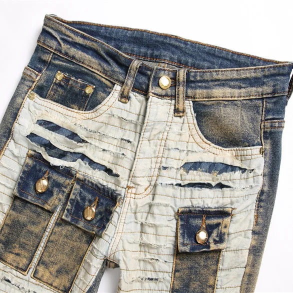 European and American high street pants Ripped jeans men's  spring and autumn thick straight small leg elastic  jeans for men