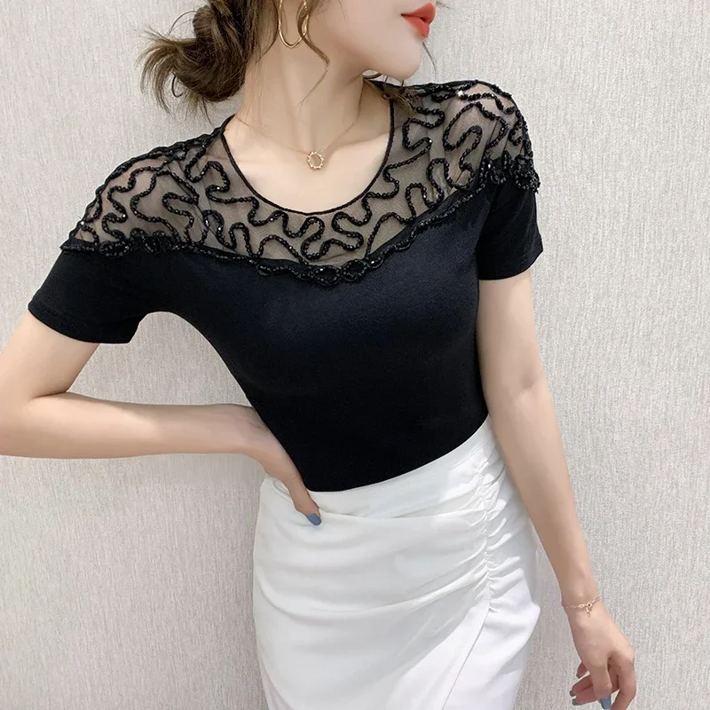 

Summer European Clothes O Necks T-Shirt Women Sexy Hollow Out Lace Diamonds Slim Tops Short Sleeves Elastic Tees ZL712