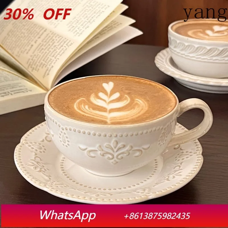 

Yjq French retro kiln change ceramic coffee cup saucer latte flower relief mug