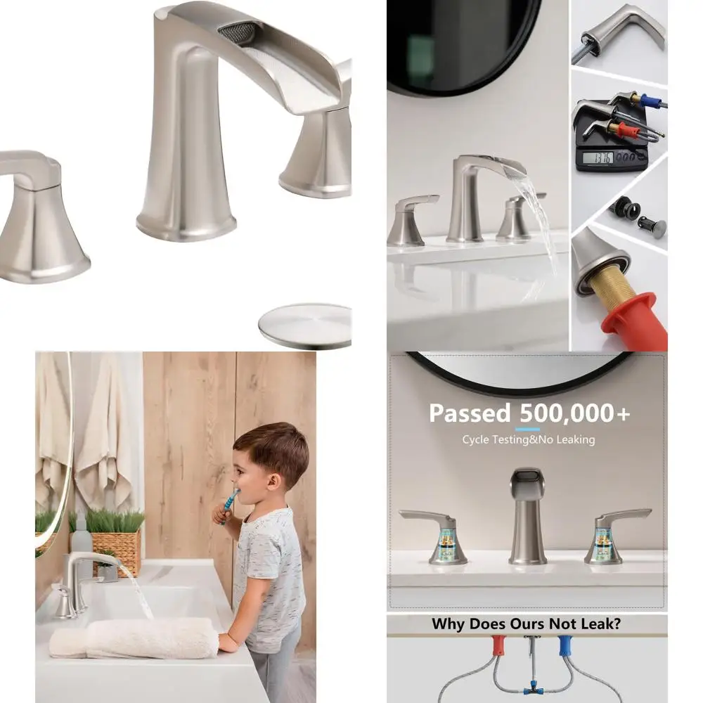 

8 Widespread 3-Hole Waterfall Brushed Nickel Sink Faucet with Pop-Up Drain and Dual Handles