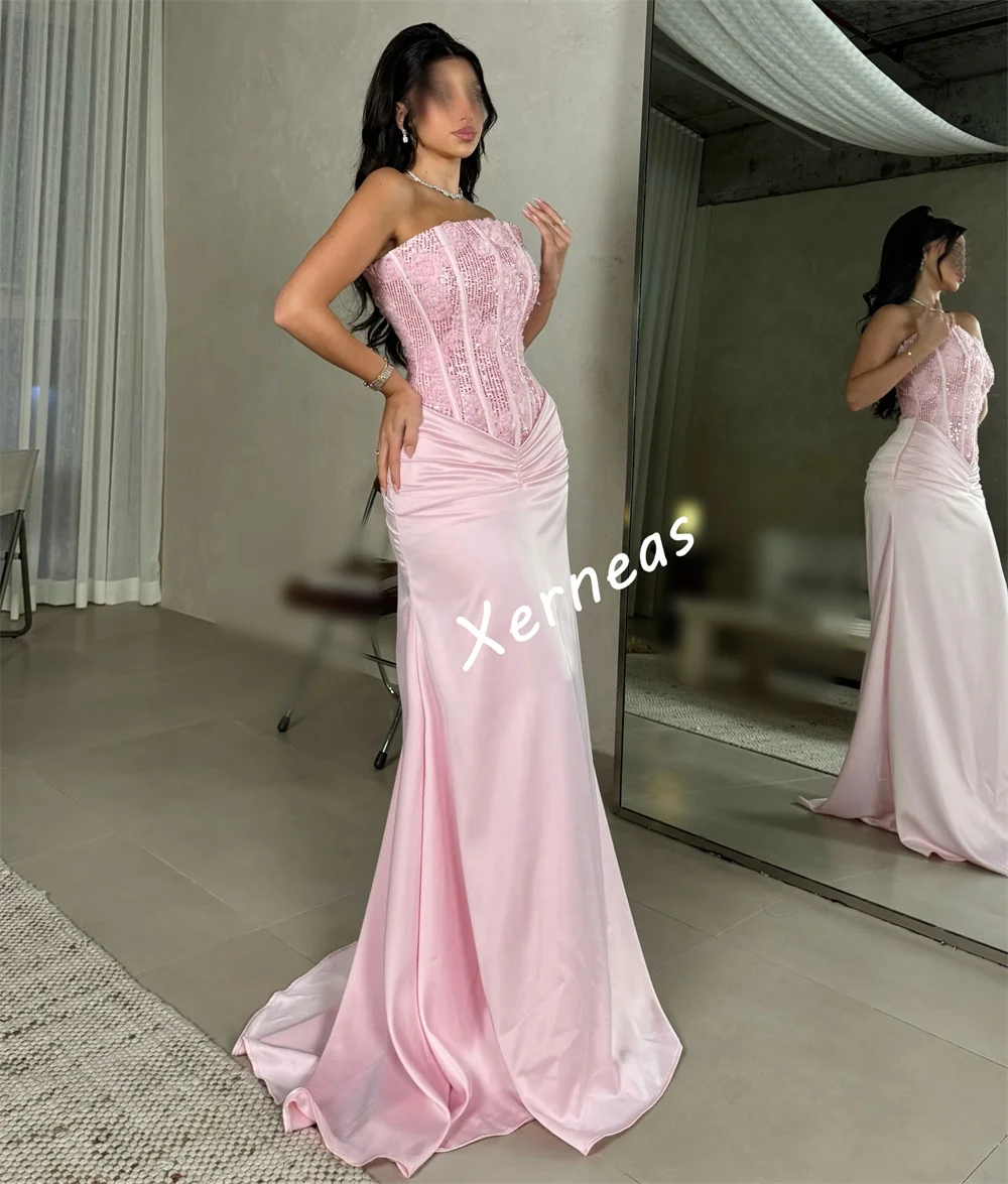 Customized Charmeuse Sequined Applique Strapless Floor-length Bespoke Occasion Elegant Party Wedding Women's Evening Dress