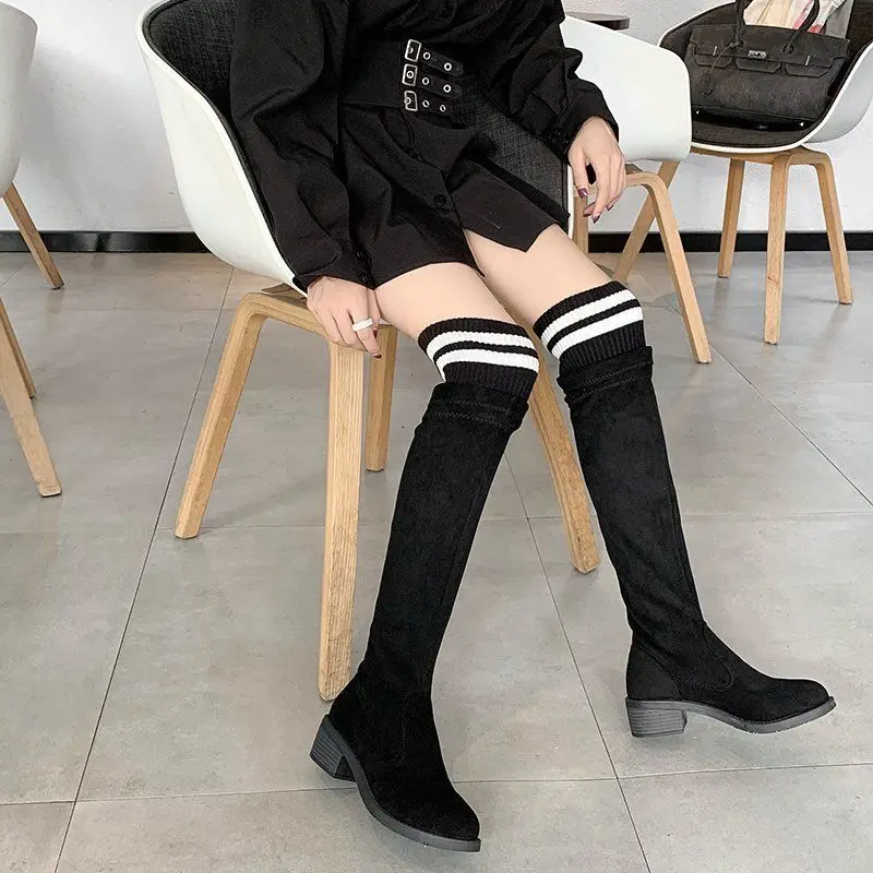 Knee Thigh High New In Women\'s Sock Boots Hot Padded Long Shoes for Women Winter 2024 Elastic Black on Promotion with Low Heels