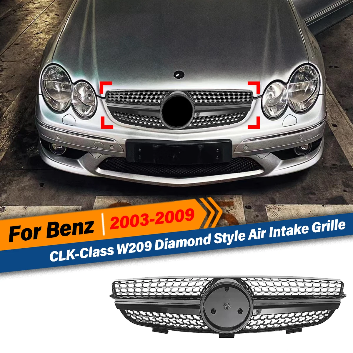

Для Mercedes-Benz CLK-Class W209 2003 2004 2005 2006 2007 2008 2009 передние гоночные решетки в алмазном стиле, комплект решетки воздухозаборника