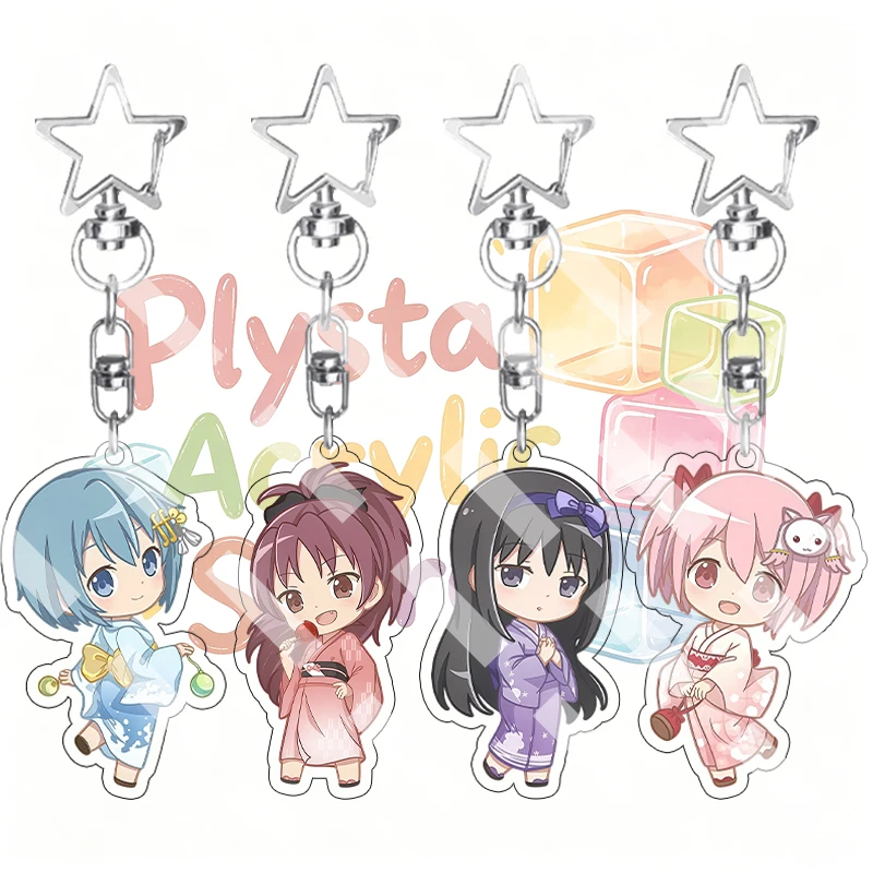Cartoon Q Version Puella Magi Madoka Magica Kimono Style Acrylic Keychain Anime Characters Sayaka Kyoko Homura Keyring Pendant