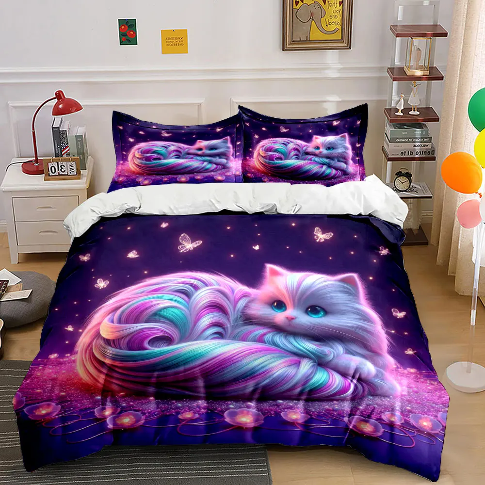 

Dreamlike Rainbow Cat with Glowing Flowers Duvet Cover Set with 3D Print Design Soft Polyester Bedding Set All-Season Comfort