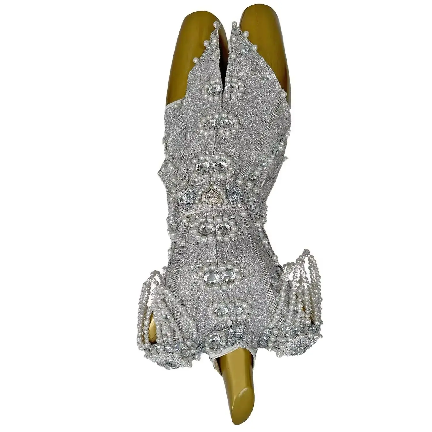 

Silver Pearl Rhinestone Shoulder Pad Party Dance Show Wear Club Stage Performance Bodysuit Fringe Tassels Outfit Shuangbanpian