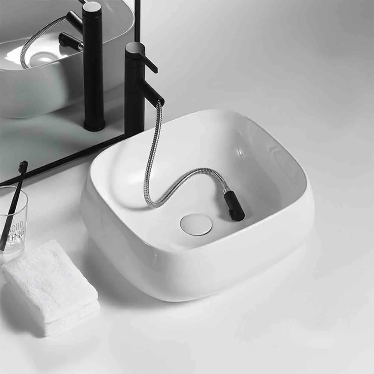 

Ceramic Washbasin Modern Minimalist Pure White Glossy Bathroom Art Basin Hotel Toilet Countertop Sinks with Pull-out Faucet